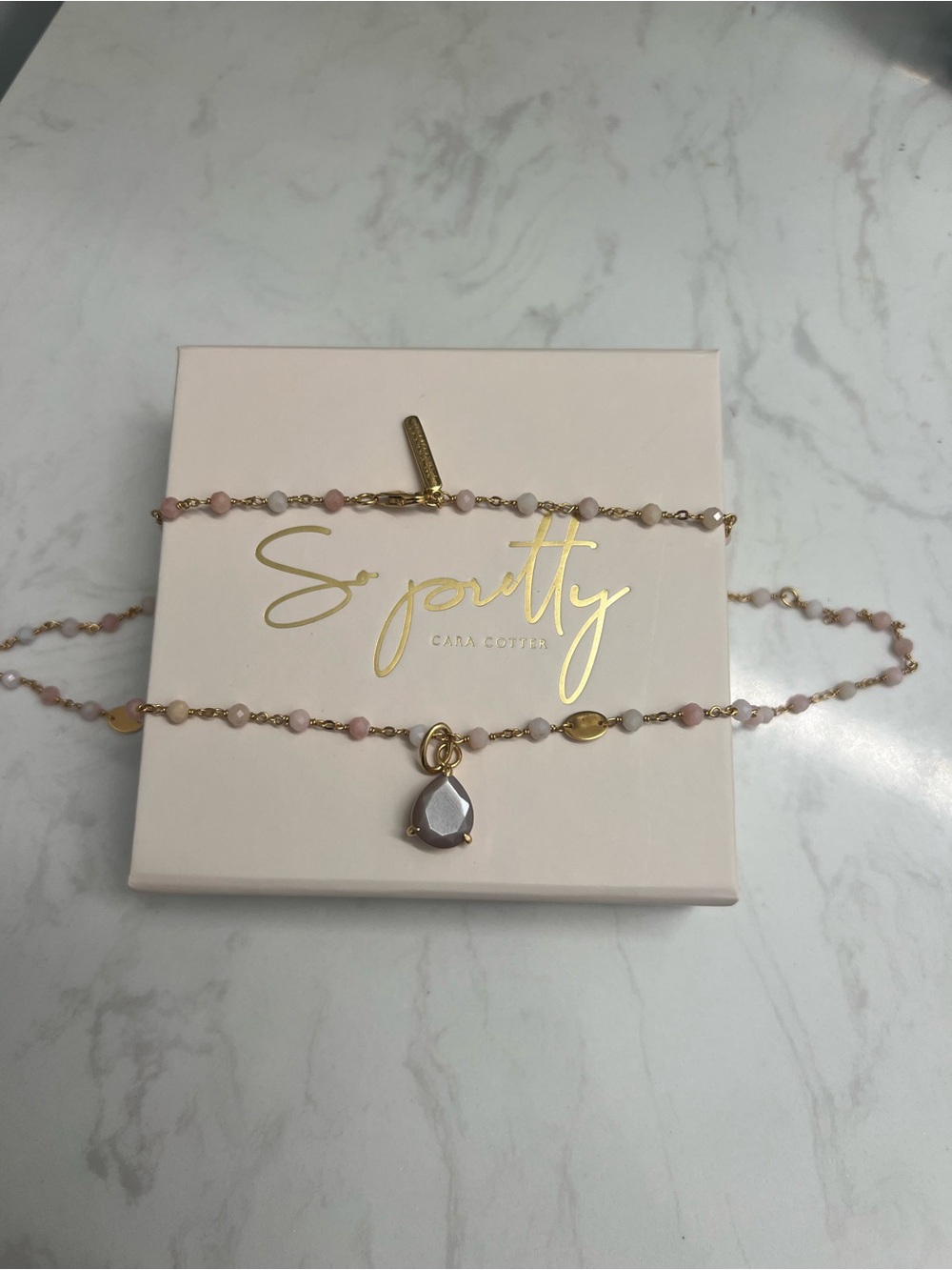 Genuine Pink Opal and Gold accent Beaded Necklace-
18K Gold Vermeil